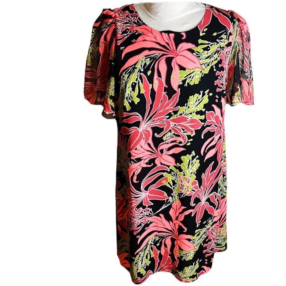 ❤️Vince Camuto Black & Pink Floral Flowy Short Sleeves Sheath Dress Womens Sz 12